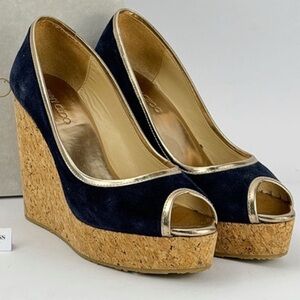 Jimmy Choo navy blue gold peep toe wedges size EU 39.5 US 9-9.5
